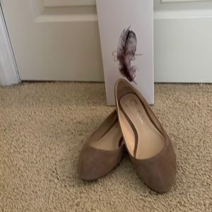 Jessica Simpson, Taupe, Suede Ballerina flats with silver accent on heel.